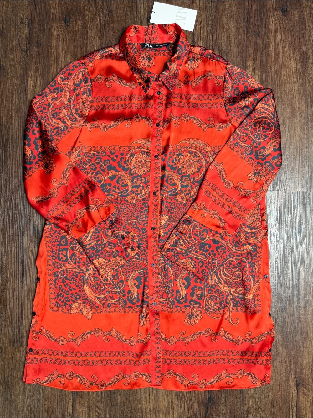Zara NWT Scarf Print Tunic Shirt Dress Red Baroque Paisley Size L - Picture 4 of 13